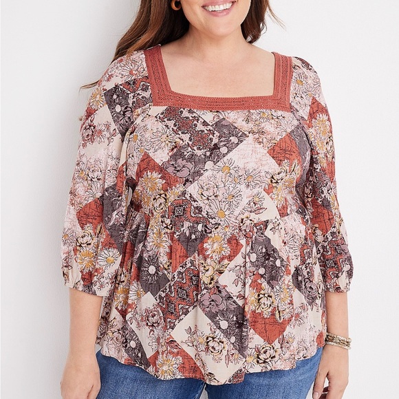 Maurices Tops - Maurices Crochet Trim Babydoll Floral Boho 3/4 Sleeve Patchwork Design Blouse 1X